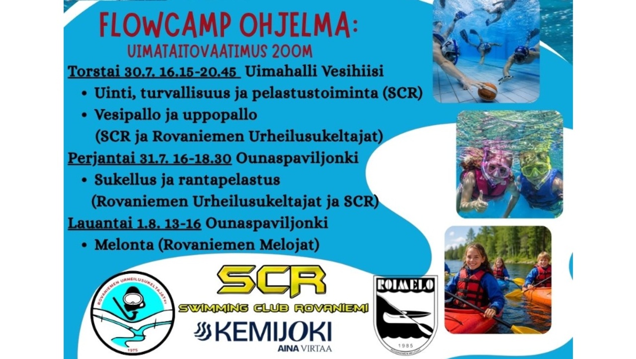 Featured image for “Flowcamp -vesiseikkailuleiri (uinti-vesi-/uppopallo-sukellus-melonta) 30.7.-1.8.26 2012-16 syntyneille”